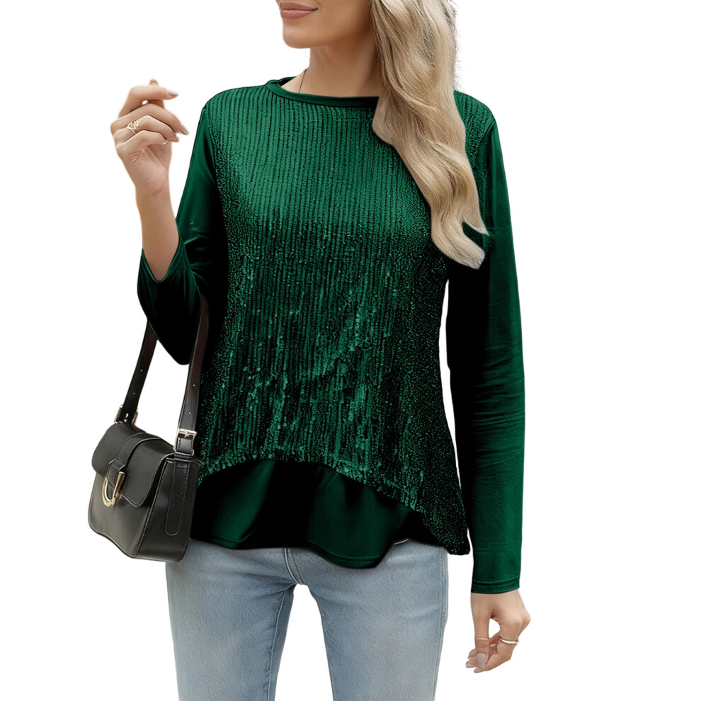 Green Women's Sequined Party Long-Sleeved Top- M