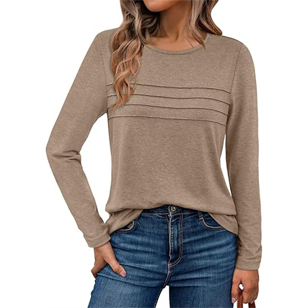 Women's long-sleeved shirt, casual round neck, basic-Khaki L