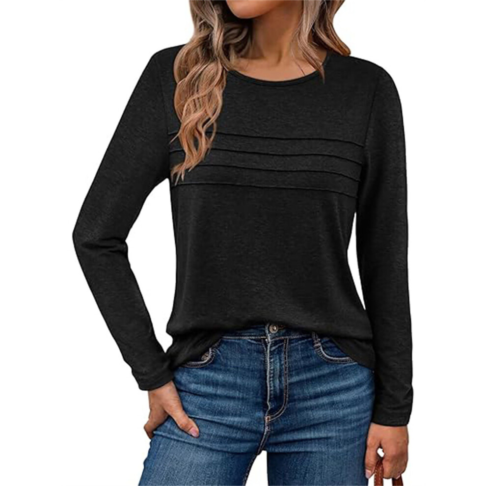Black Women's Long-Sleeved Shirt, Casual Round Neck, Basic- S