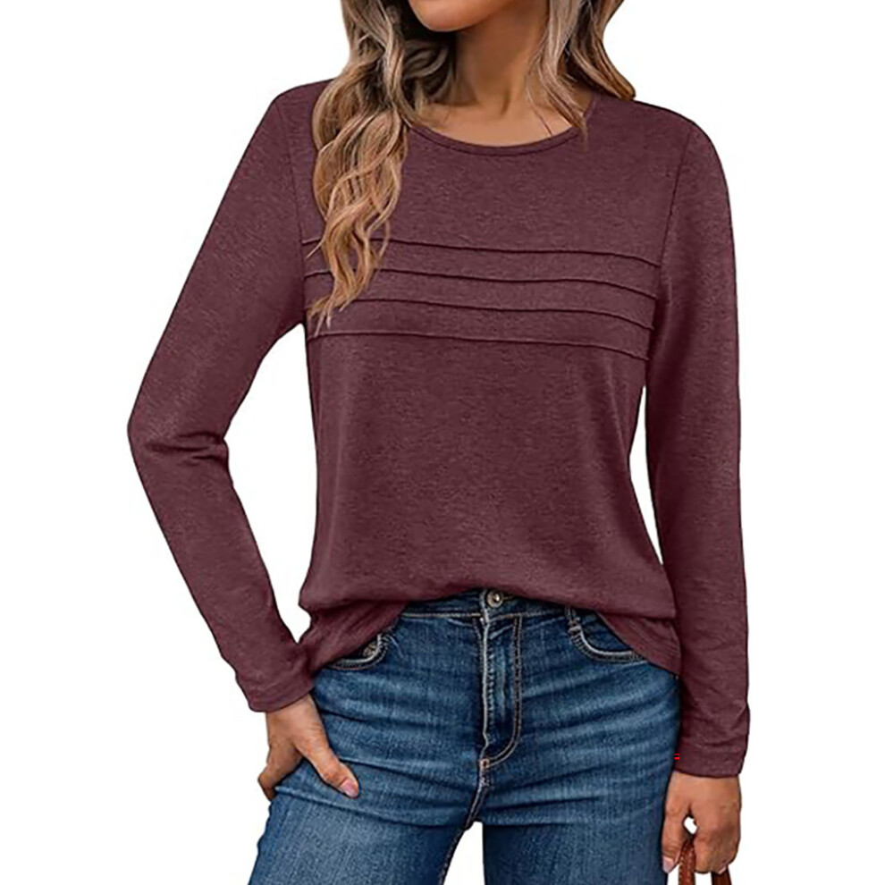 Burgundy Women's Long-Sleeved Shirt, Casual Round Neck, Basic- L