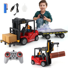 1:24 Scale RC Forklift Toy for Kids, 11 Channel Remote Control Construction Truck with Lights, Sound and Trailer, Dual Mode Durable Alloy Fork (Red)