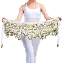 (White) BoSaiD Velvet Belly Dance Waist Chain with Coin Lace-up Lightweight Women Dancing Waist Belt Dancer