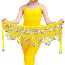 (Yellow) BoSaiD Velvet Belly Dance Waist Chain with Coin Lace-up Lightweight Women Dancing Waist Belt Dancer
