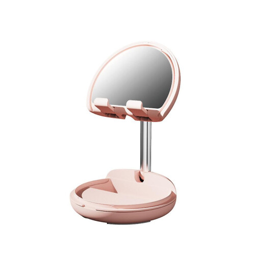 (Pink) Mini Foldable Cell Phone Desktop Stand Multi-angle Cute Beauty Mirror Bracket