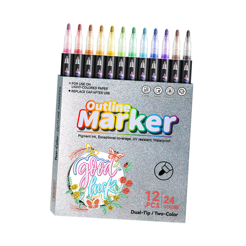 12Pcs Marker Pen For Highlight, Double Line Highlighter Outline 7696001952030