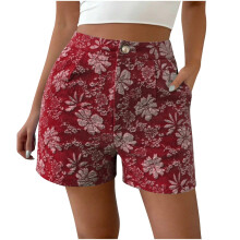Womens Retro Floral Shorts High Button Straight Leg-Claret M