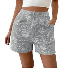 Womens Retro Floral Shorts High Button Straight-Light gray M