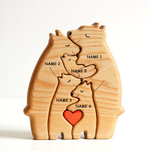 Wooden Bear Family Name Puzzle with Custom Name Engraving and Natural Oak Finish Gift (Bear Member10 Heart 4)