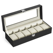 Scatola per orologi - HELLOSHOP26 - 6 scomparti - Coperchio in vetro - Rivestimento in velluto - 30x11,2x8 cm