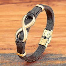 (19cm, Brown with Gold) Luxury Genuine Leather Infinity Symbol Mens Bracelet Stainless Steel Buckle