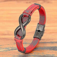 (19cm, Red) Luxury Genuine Leather Infinity Symbol Mens Bracelet Stainless Steel Buckle