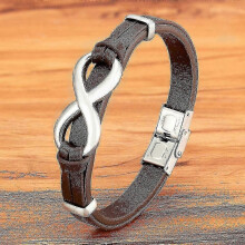 (21cm, Brown with Silver) Luxury Genuine Leather Infinity Symbol Mens Bracelet Stainless Steel Buckle