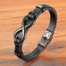 (23cm, Black) Luxury Genuine Leather Infinity Symbol Mens Bracelet Stainless Steel Buckle