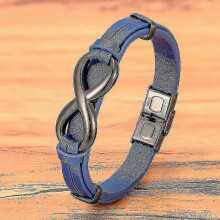 (21cm, Blue) Luxury Genuine Leather Infinity Symbol Mens Bracelet Stainless Steel Buckle