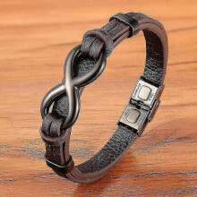 (23cm, Brown with Black) Luxury Genuine Leather Infinity Symbol Mens Bracelet Stainless Steel Buckle