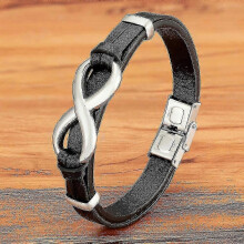 (21cm, Black with Silver) Luxury Genuine Leather Infinity Symbol Mens Bracelet Stainless Steel Buckle