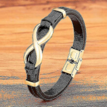 (23cm, Black with Gold) Luxury Genuine Leather Infinity Symbol Mens Bracelet Stainless Steel Buckle