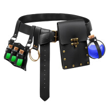 Renaissance Belt Pouch with 150ml Glass Vial, Medieval Leather Coin Purse for LARP and Festivals (Black)