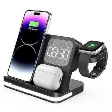 (Black) B-22 3 in 1 Wireless Charger 15W Charging Station Compatible For iPhone / Apple Watch, AirPods with Alarm Clock
