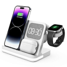 (White) B-22 3 in 1 Wireless Charger 15W Charging Station Compatible For iPhone / Apple Watch, AirPods with Alarm Clock