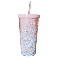 (11 (flat cover light pink)) 550ml Rainbow Plastic Water Bottle Double Layer Sequins Drinking Cup with Straw