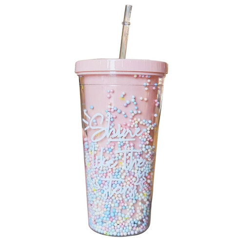 (11 (flat cover light pink)) 550ml Rainbow Plastic Water Bottle Double Layer Sequins Drinking Cup with Straw