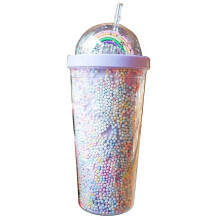 (08 (Rainbow Lavender)) 550ml Rainbow Plastic Water Bottle Double Layer Sequins Drinking Cup with Straw
