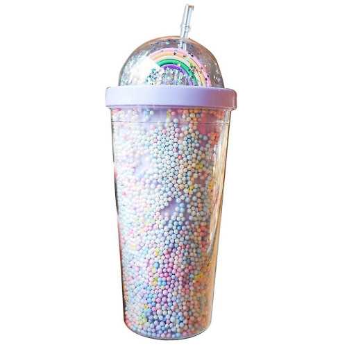 (08 (Rainbow Lavender)) 550ml Rainbow Plastic Water Bottle Double Layer Sequins Drinking Cup with Straw