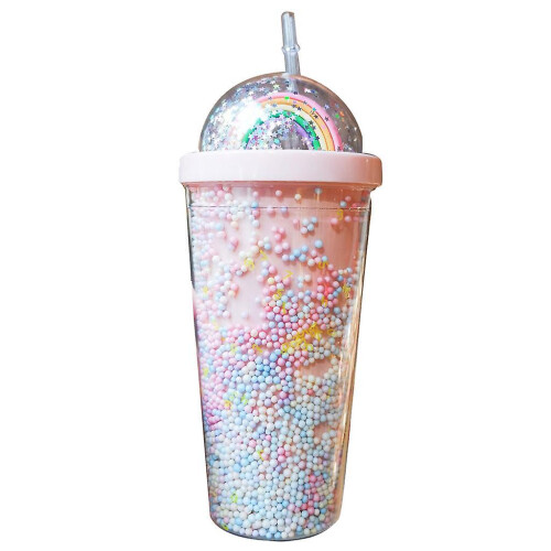 (07 (Rainbow light pink)) 550ml Rainbow Plastic Water Bottle Double Layer Sequins Drinking Cup with Straw