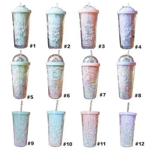 (07 (Rainbow light pink)) 550ml Rainbow Plastic Water Bottle Double Layer Sequins Drinking Cup with Straw 1