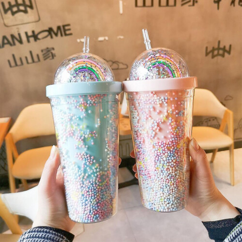 (06 (Rainbow light blue)) 550ml Rainbow Plastic Water Bottle Double Layer Sequins Drinking Cup with Straw 2