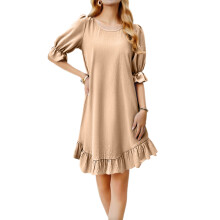 Women's Round Neck Short Sleeve Ruffled Loose Short-Khaki S