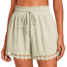 Womens Shorts Casual Loose Elastic Waist Drawstring-Beige XL