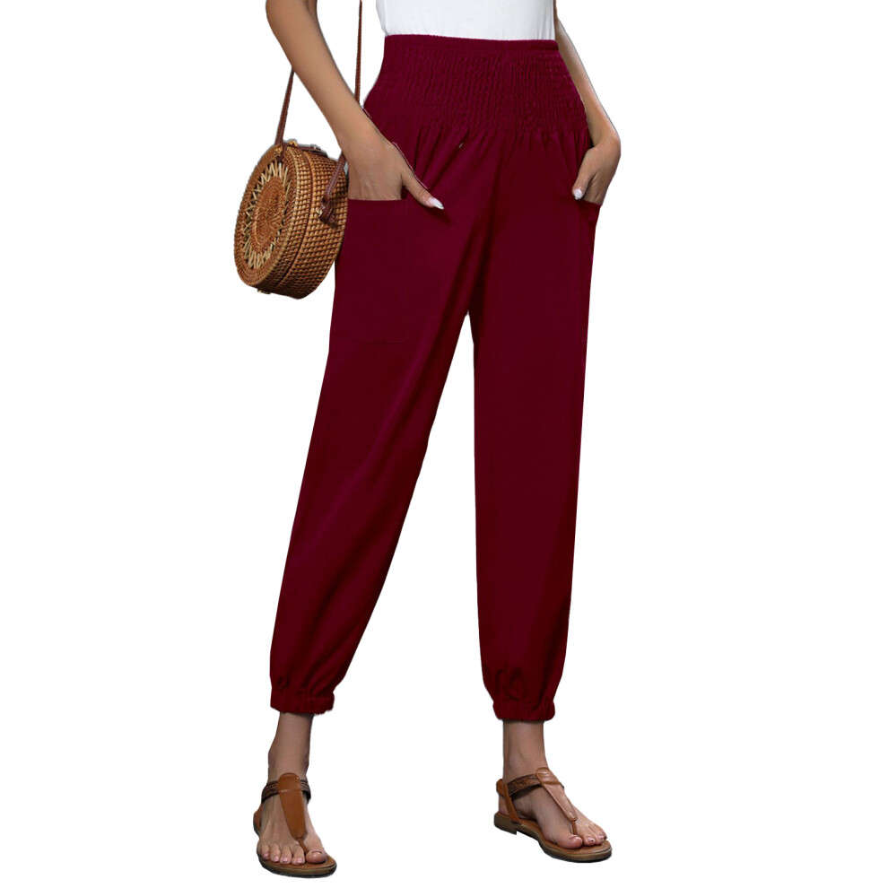 Burgundy Linen Casual Pants For Women Spring Baggy Jogger- M