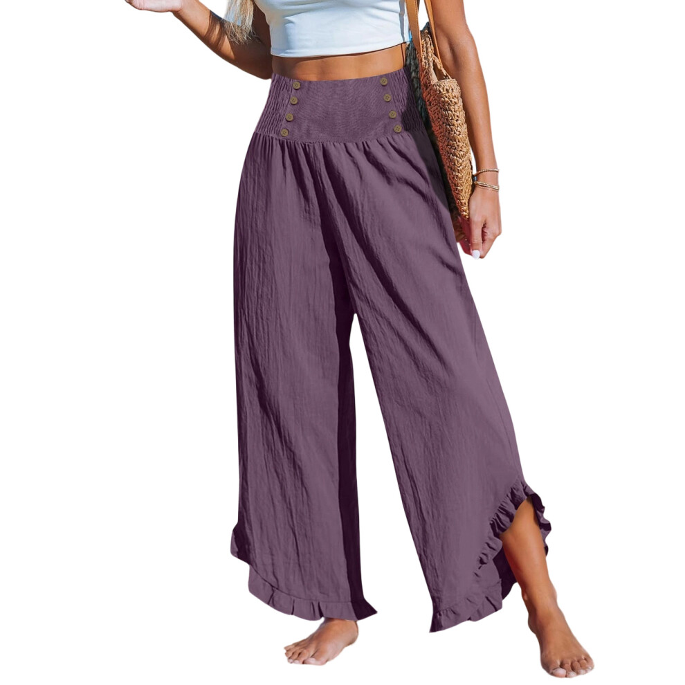 Women Cotton Linen Pants Summer Wide Leg Pants-Purple XL