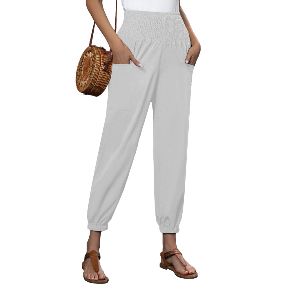 White Linen Casual Pants For Women Spring Baggy Jogger- Xl