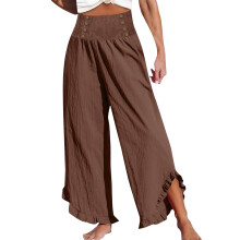 Palazzo Pants Casual Linen Smocked Waist Flowys Beach-Coffee S