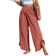 Women Pants Smocked Waist Straight Leg Pants Ruffle Cuffs-O L