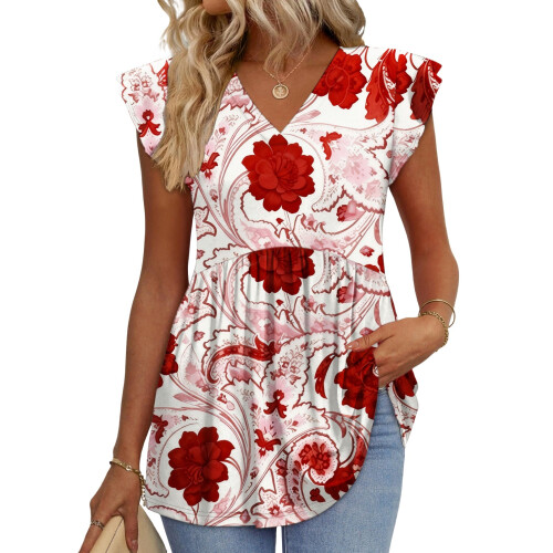 Women's  Blouses, with Ruffle Sleeves, Spring Elegant and-Red M