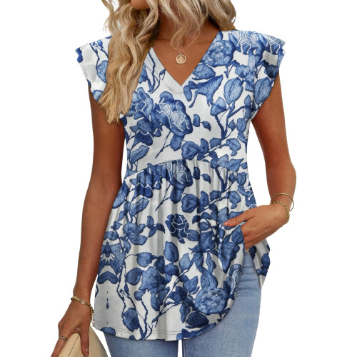 Women's  Blouses, with Ruffle Sleeves, Spring-Sky Blue XL