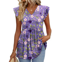 Women's  Blouses, with Ruffle Sleeves, Spring Elegant-Purple S