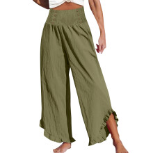 Women Pants Smocked Waist Straight Leg Pants-Army Green S