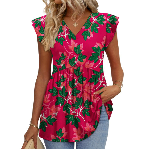 Women's  Blouses, with Ruffle Sleeves, Spring Elegant-Red XL