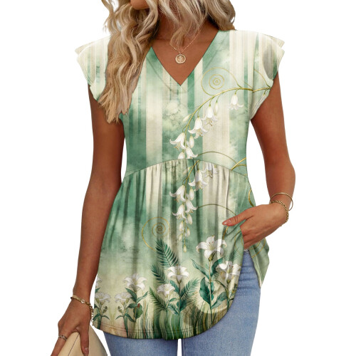 Women's  Blouses, with Ruffle Sleeves, Spring-Army Green M