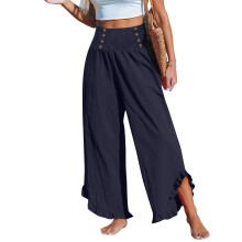 Women's Cotton Linen Pants Smocked High Waist-navy blue L