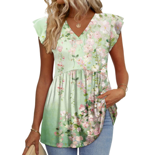 Women's  Blouses, with Ruffle Sleeves, Spring-Turquoise S