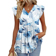 Women's Blouses, with Ruffle Sleeves, Spring Elegant-Blue L