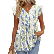 Women's Blouses, with Ruffle Sleeves, Spring Elegant-Blue L