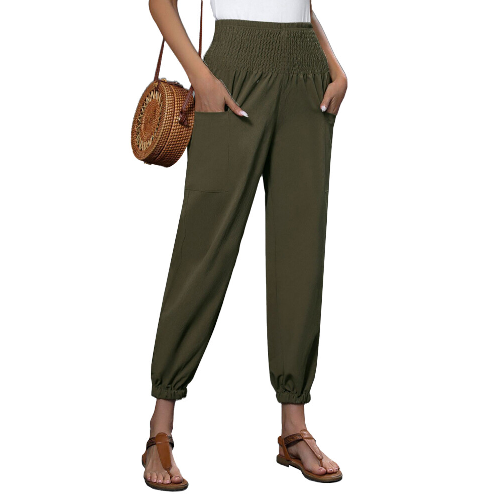 Green Linen Casual Pants For Women Spring Baggy Jogger-Army L