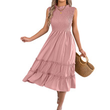 Women's casual sleeveless gathered waist ruffled full-Pink S